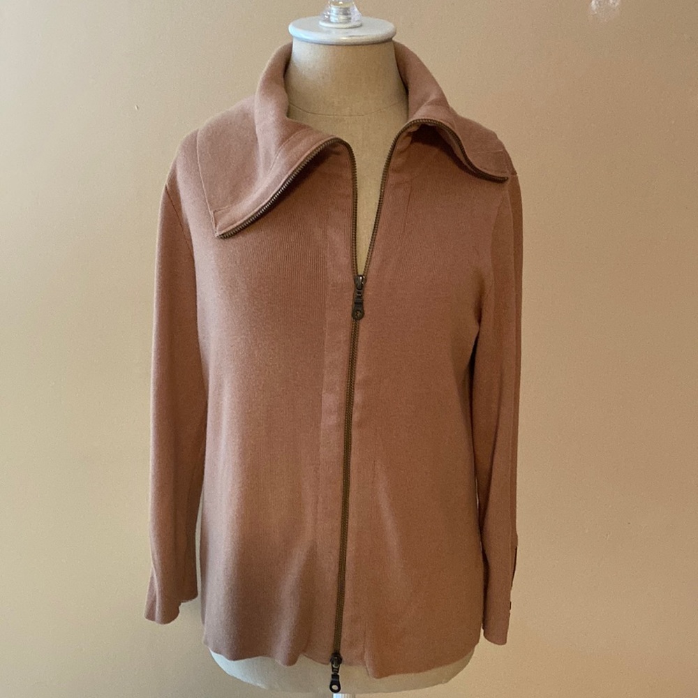 CAbi Asymmetrical Moto Style Sweater with Brass Toned Zippers